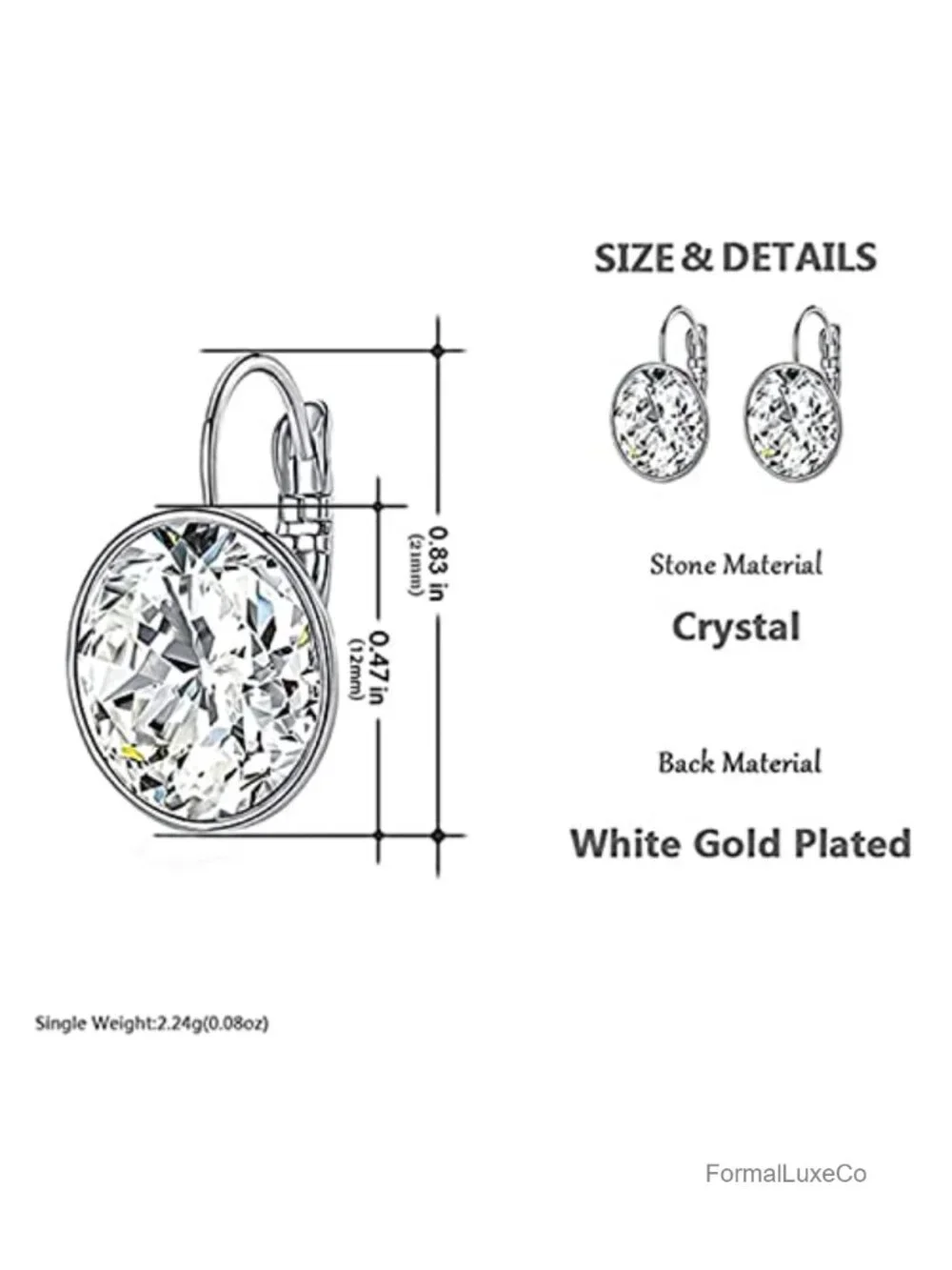 Crystal Drop Earrings 18K White Gold Plated Leverback Hypoallergenic Dangle